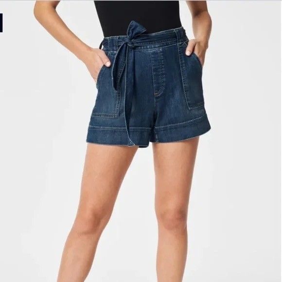 SPANX Tie-Waist Jean Shorts XS Twilight Indigo Blue Elastic Waist EUC B7 - Picture 1 of 6